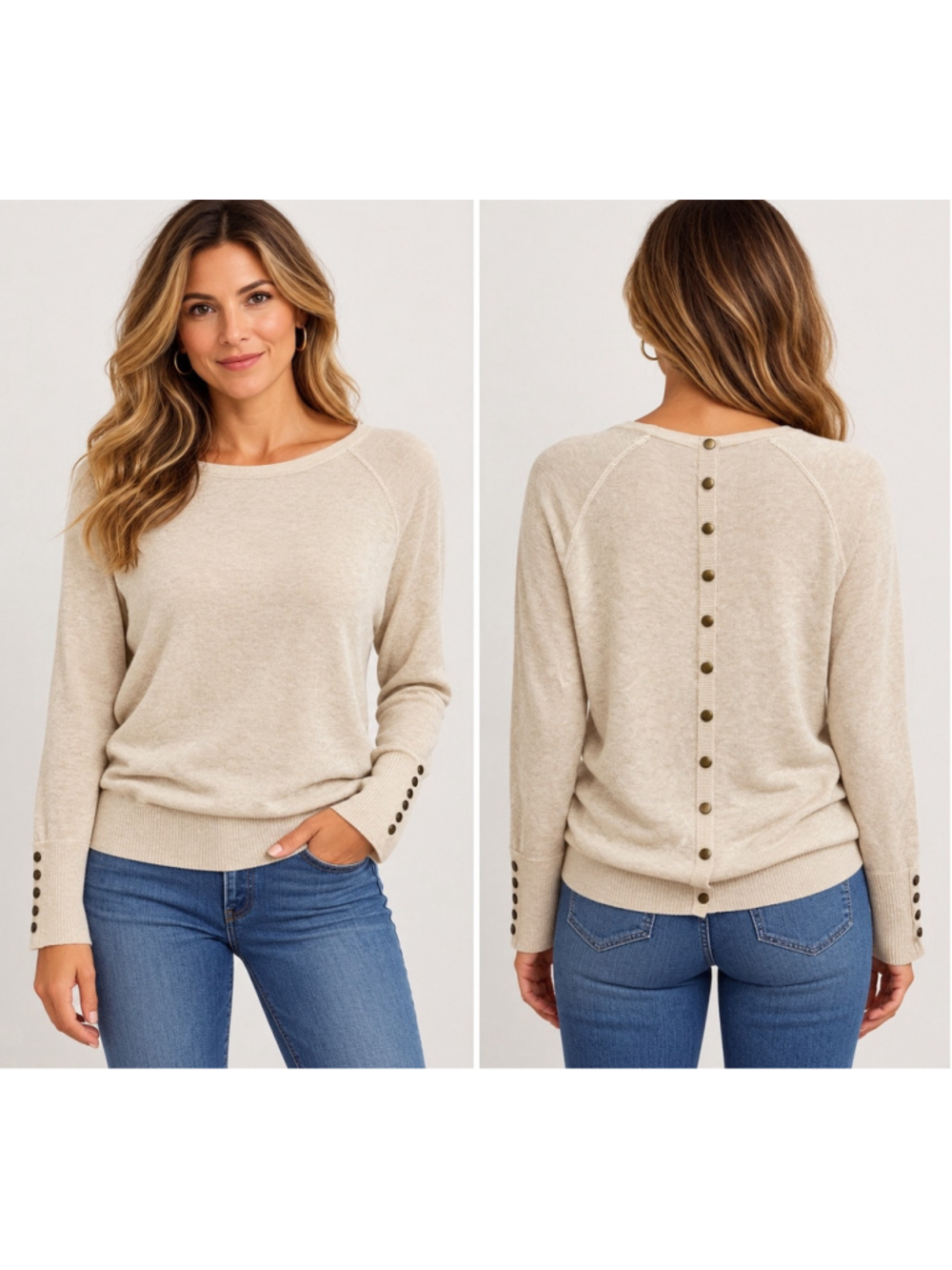 Cozy Oatmeal Beige Knit Button Back Sweater Cuffs Crewneck Raglan Pullover 2133